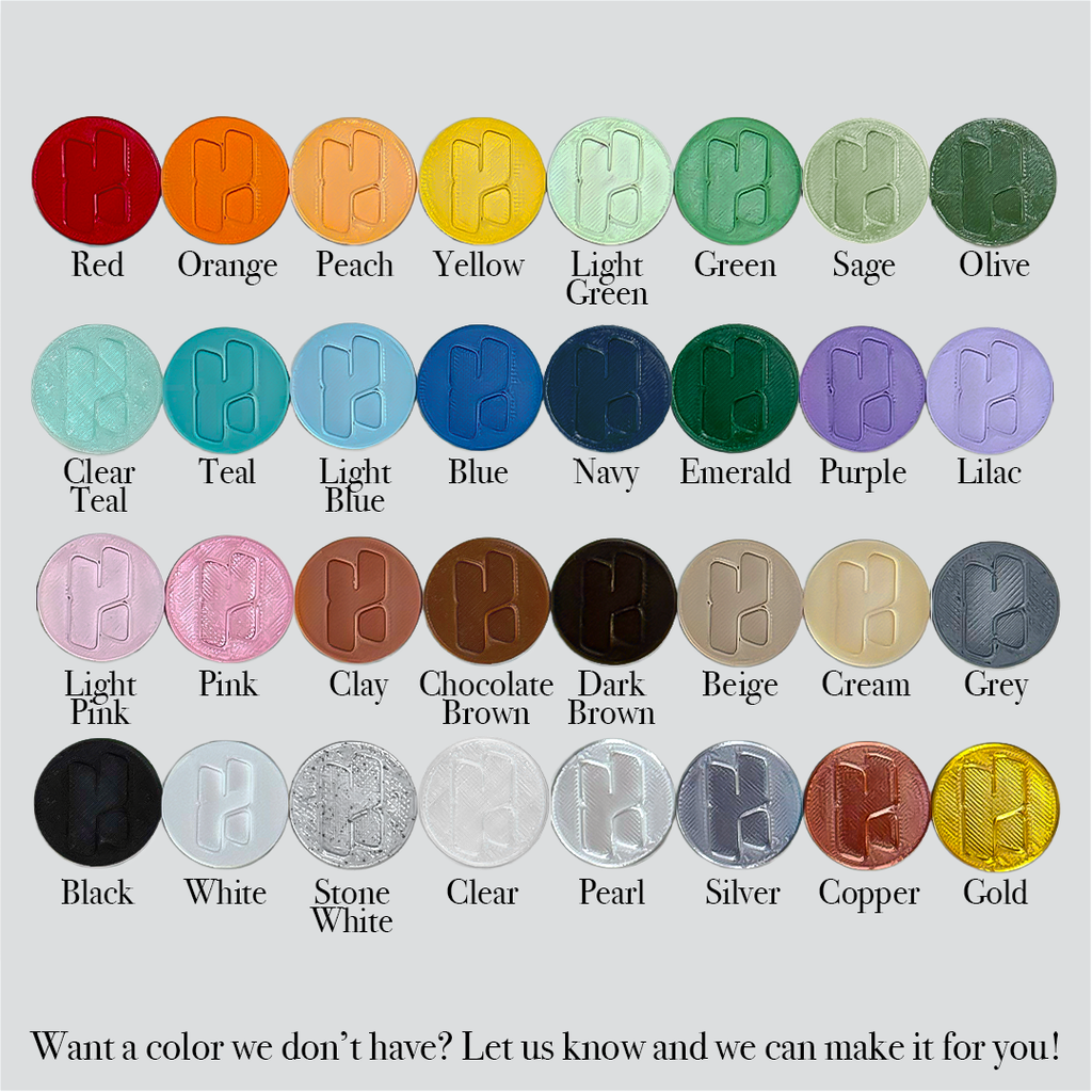Filament color chart showing 32 colors, including Sage, Olive, Emerald, Pearl, and Stone White.