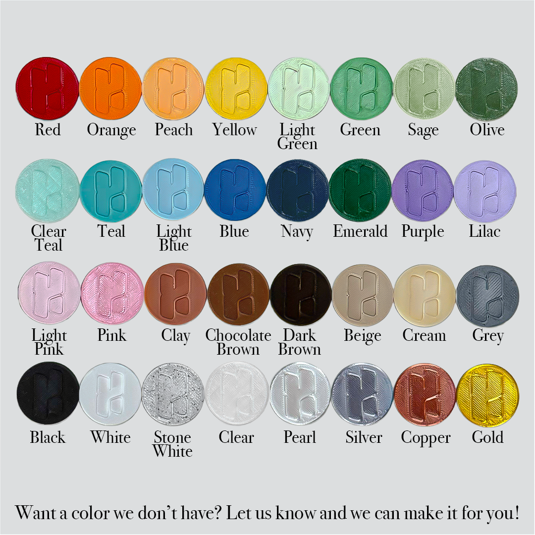 Filament color chart showing 32 colors, including Sage, Olive, Emerald, Pearl, and Stone White.